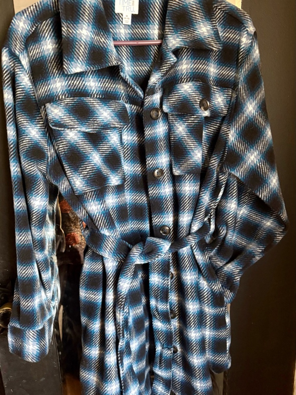 Time and Tru Blue Plaid Shirt Dress with Chest Pockets and belt